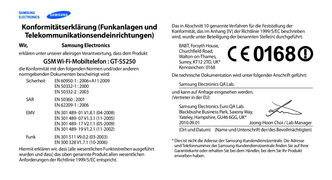 Samsung GT-S5250HKADBT, GT-S5250HKAEPL manual GSM Wi-Fi-Mobiltelefon GT-S5250, Wir 