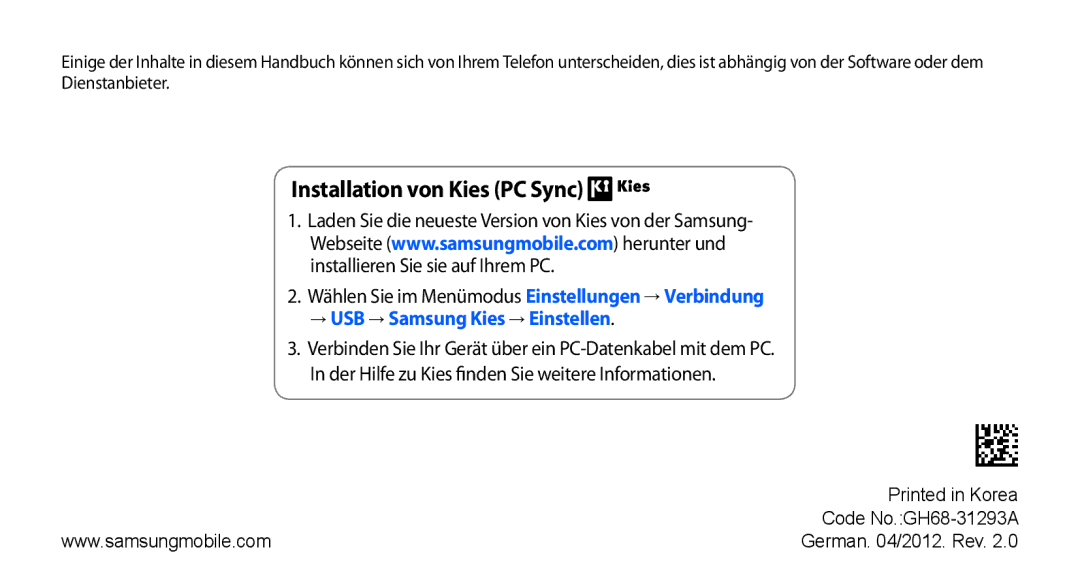 Samsung GT-S5250HKAEPL, GT-S5250HKADBT manual Installation von Kies PC Sync, Code No.GH68-31293A 