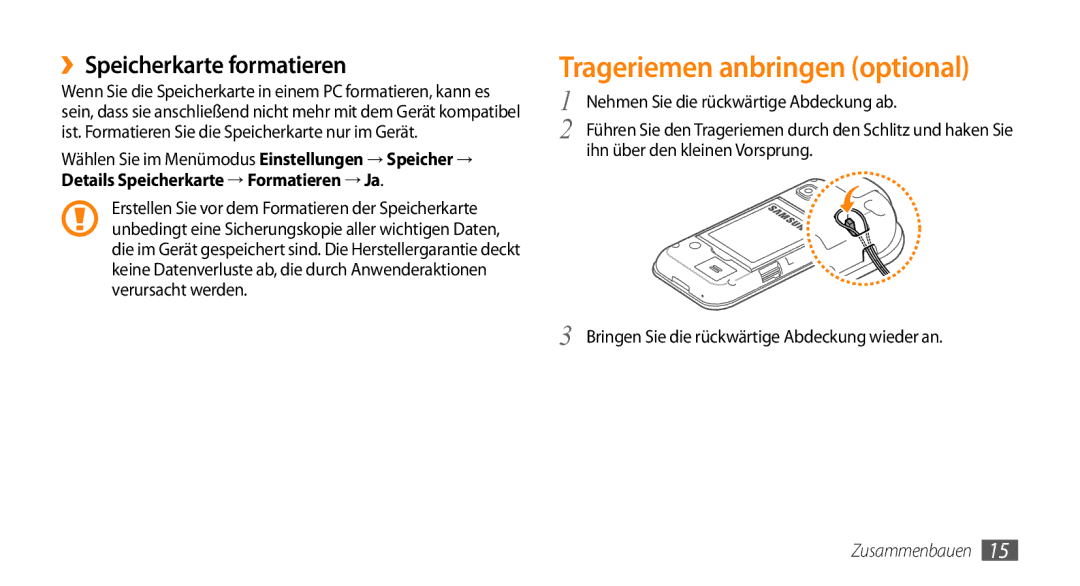 Samsung GT-S5250HKADBT, GT-S5250HKAEPL manual Trageriemen anbringen optional, ››Speicherkarte formatieren 