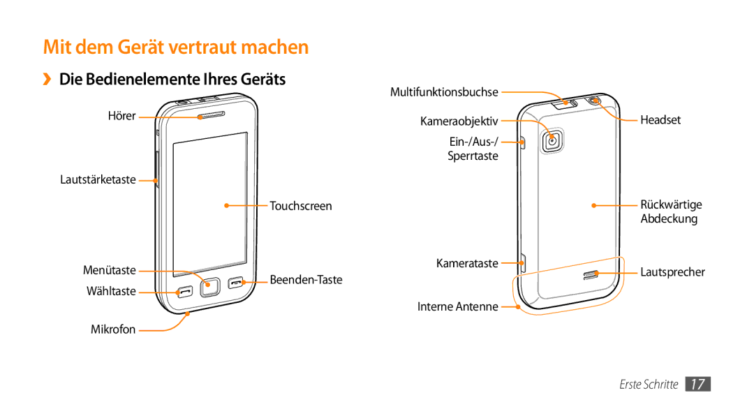 Samsung GT-S5250HKADBT manual Mit dem Gerät vertraut machen, ››Die Bedienelemente Ihres Geräts, Abdeckung, Kamerataste 