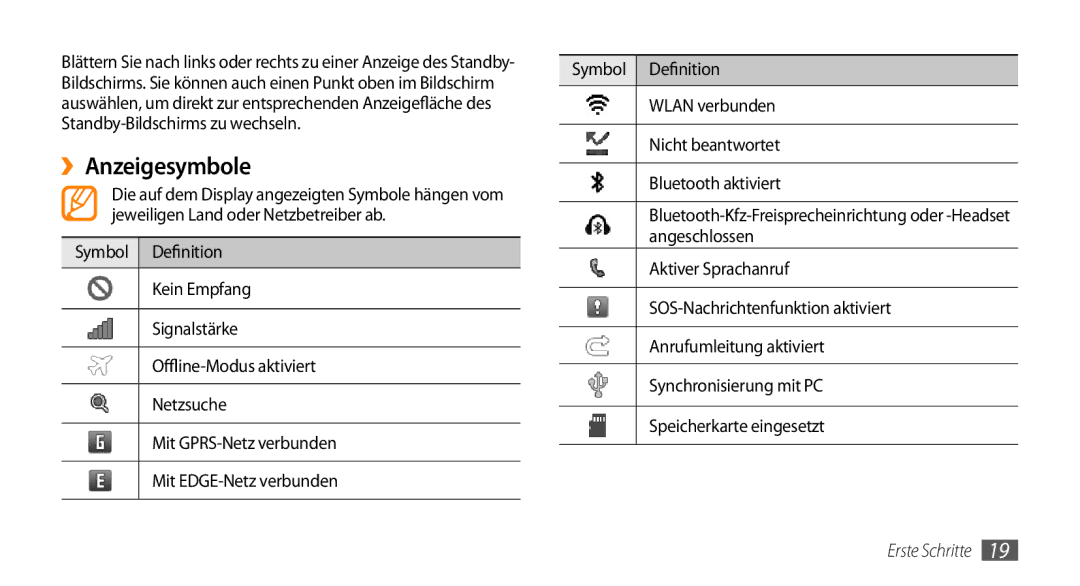 Samsung GT-S5250HKADBT, GT-S5250HKAEPL manual ››Anzeigesymbole 