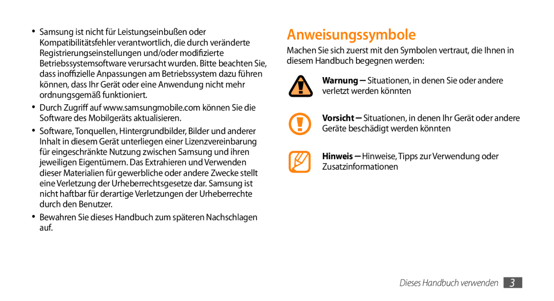 Samsung GT-S5250HKADBT, GT-S5250HKAEPL manual Anweisungssymbole, Bewahren Sie dieses Handbuch zum späteren Nachschlagen auf 