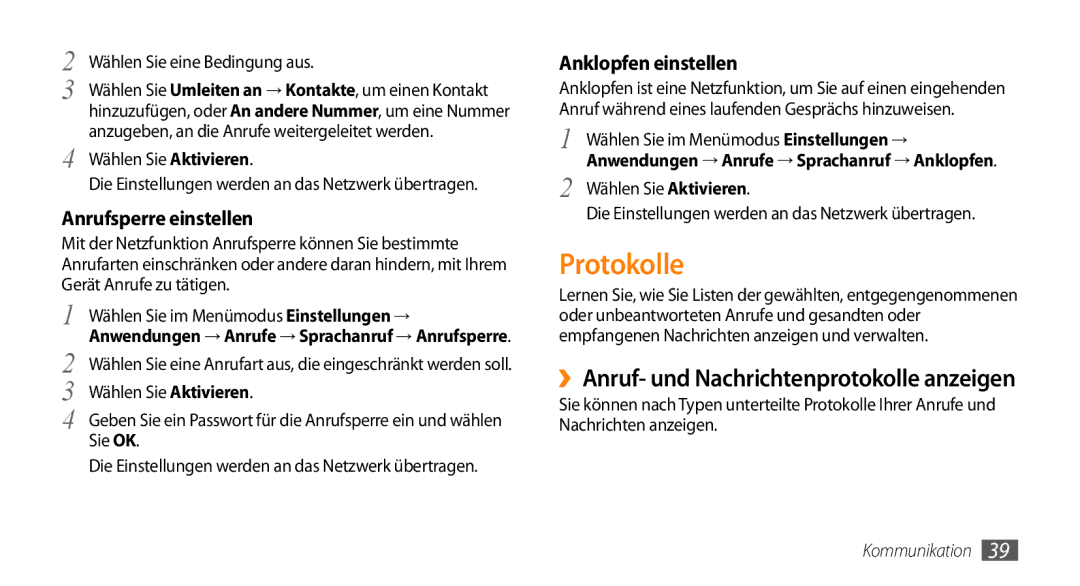 Samsung GT-S5250HKADBT, GT-S5250HKAEPL Protokolle, ››Anruf- und Nachrichtenprotokolle anzeigen, Anrufsperre einstellen 