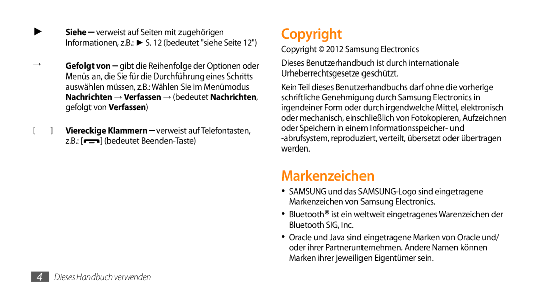 Samsung GT-S5250HKAEPL, GT-S5250HKADBT manual Markenzeichen, Bedeutet Beenden-Taste, Copyright 2012 Samsung Electronics 