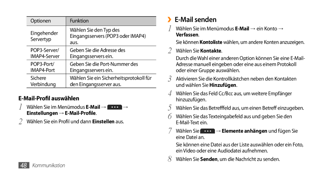 Samsung GT-S5250HKAEPL, GT-S5250HKADBT manual ››E-Mail senden, Mail-Profil auswählen, Verfassen 