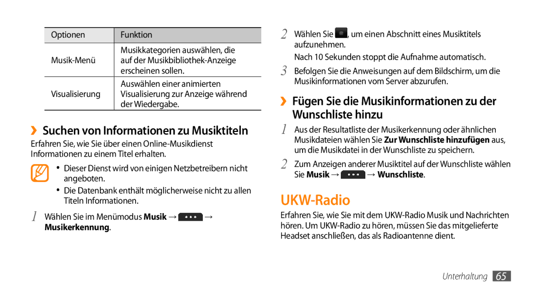 Samsung GT-S5250HKADBT UKW-Radio, ››Suchen von Informationen zu Musiktiteln, Musikerkennung, Sie Musik → → Wunschliste 