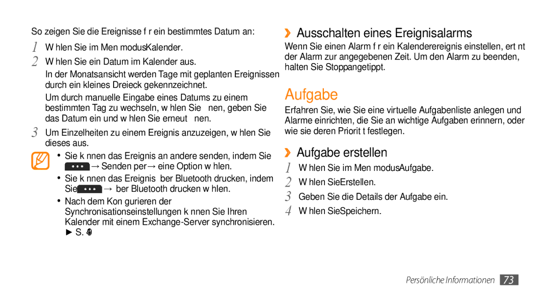 Samsung GT-S5250HKADBT ››Ausschalten eines Ereignisalarms, ››Aufgabe erstellen, → Senden per → eine Option wählen 