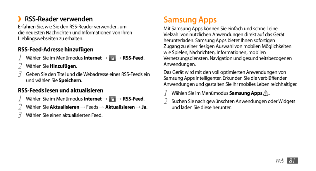 Samsung GT-S5250HKADBT, GT-S5250HKAEPL manual Samsung Apps, ››RSS-Reader verwenden, RSS-Feed-Adresse hinzufügen 