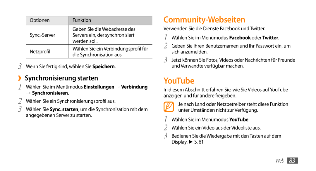 Samsung GT-S5250HKADBT, GT-S5250HKAEPL manual Community-Webseiten, YouTube, ››Synchronisierung starten 