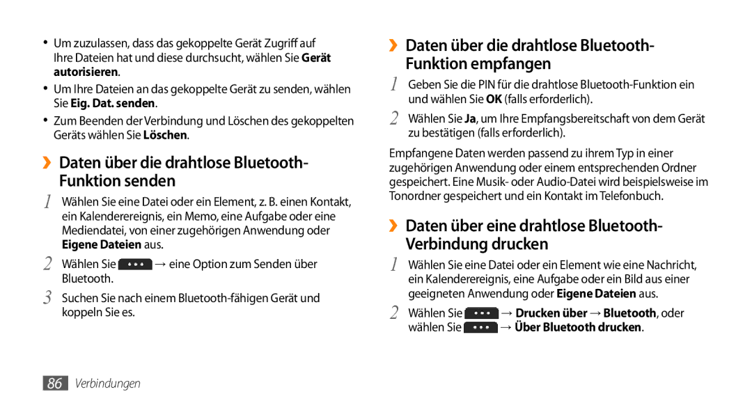 Samsung GT-S5250HKAEPL, GT-S5250HKADBT manual ››Daten über die drahtlose Bluetooth Funktion senden 