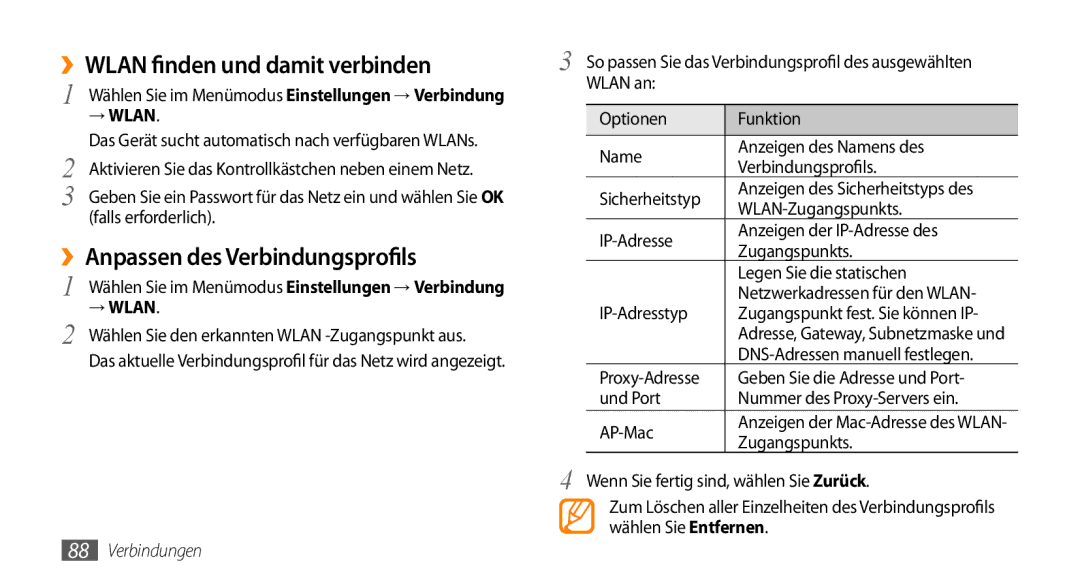 Samsung GT-S5250HKAEPL, GT-S5250HKADBT manual ››WLAN finden und damit verbinden, ››Anpassen des Verbindungsprofils 