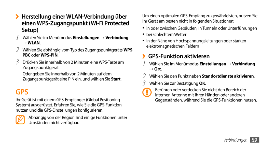 Samsung GT-S5250HKADBT, GT-S5250HKAEPL manual ››GPS-Funktion aktivieren, → Ort, Wählen Sie zur Bestätigung OK 