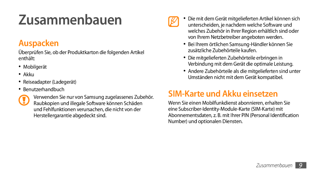 Samsung GT-S5250HKADBT, GT-S5250HKAEPL manual Zusammenbauen, Auspacken, SIM-Karte und Akku einsetzen 