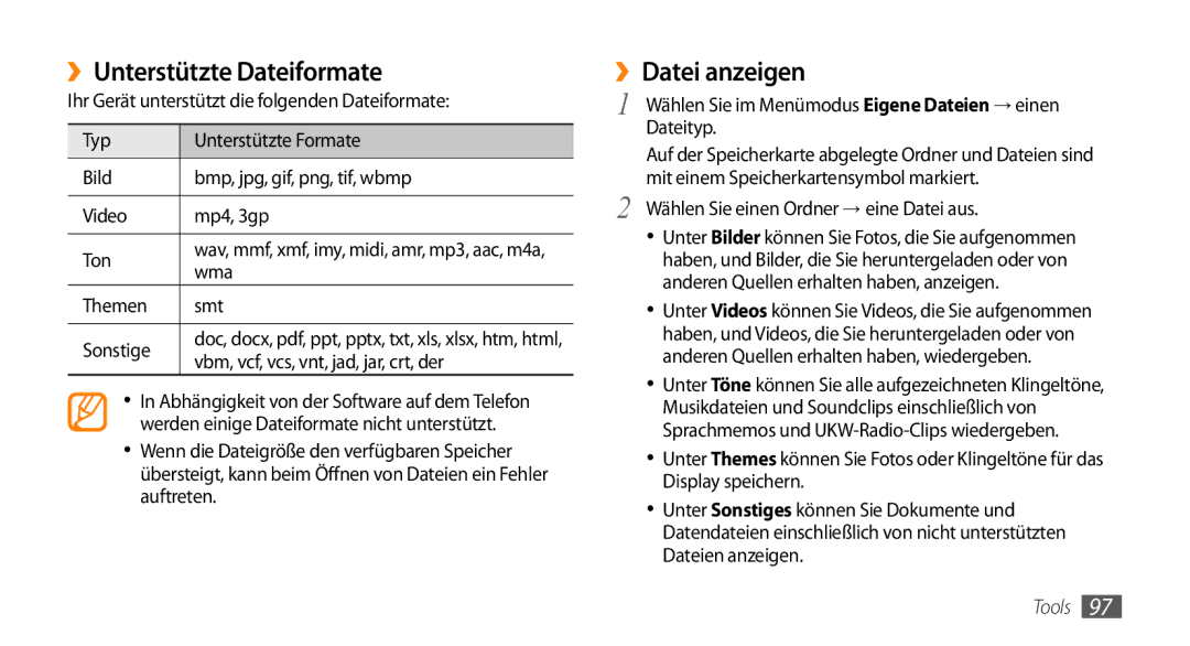 Samsung GT-S5250HKADBT, GT-S5250HKAEPL manual ››Unterstützte Dateiformate, ››Datei anzeigen 