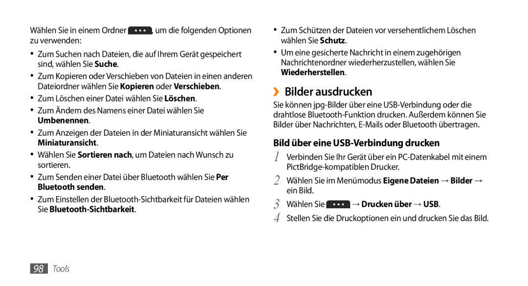 Samsung GT-S5250HKAEPL manual ››Bilder ausdrucken, Bild über eine USB-Verbindung drucken, PictBridge-kompatiblen Drucker 