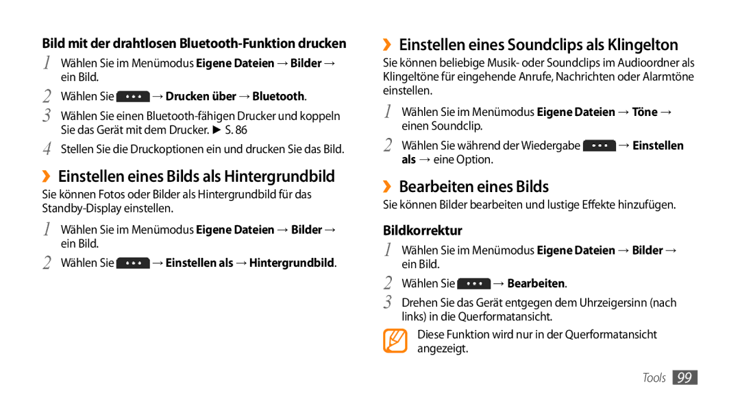 Samsung GT-S5250HKADBT manual ››Einstellen eines Bilds als Hintergrundbild, ››Einstellen eines Soundclips als Klingelton 