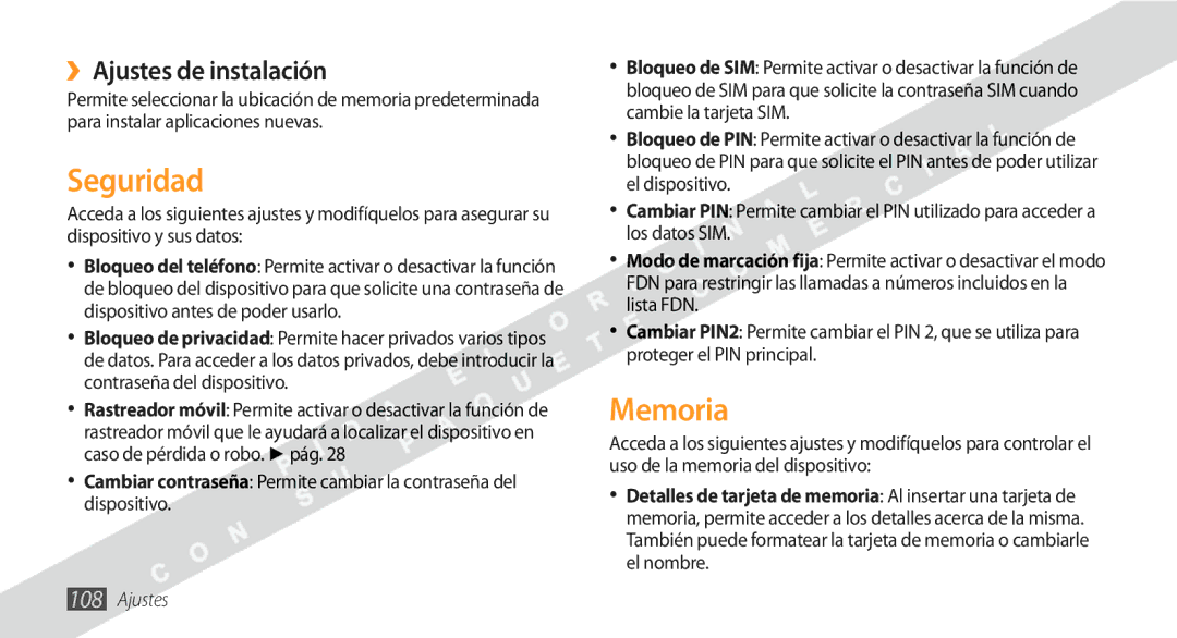 Samsung GT-S5250HKAFOP manual Seguridad, Memoria, ››Ajustes de instalación 