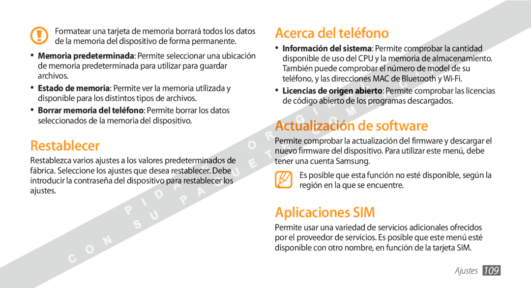 Samsung GT-S5250HKAFOP manual Restablecer, Acerca del teléfono, Actualización de software, Aplicaciones SIM 