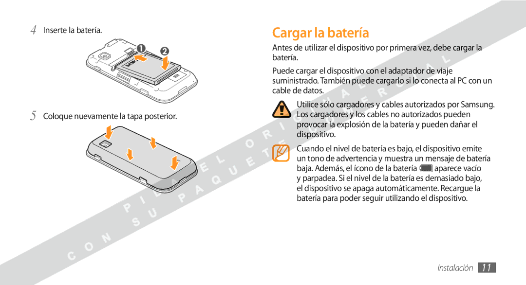 Samsung GT-S5250HKAFOP manual Cargar la batería, Inserte la batería Coloque nuevamente la tapa posterior 