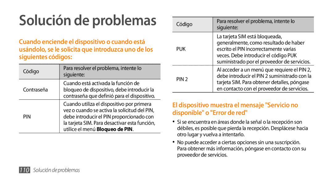 Samsung GT-S5250HKAFOP manual Utilice el menú Bloqueo de PIN, Solución de problemas 