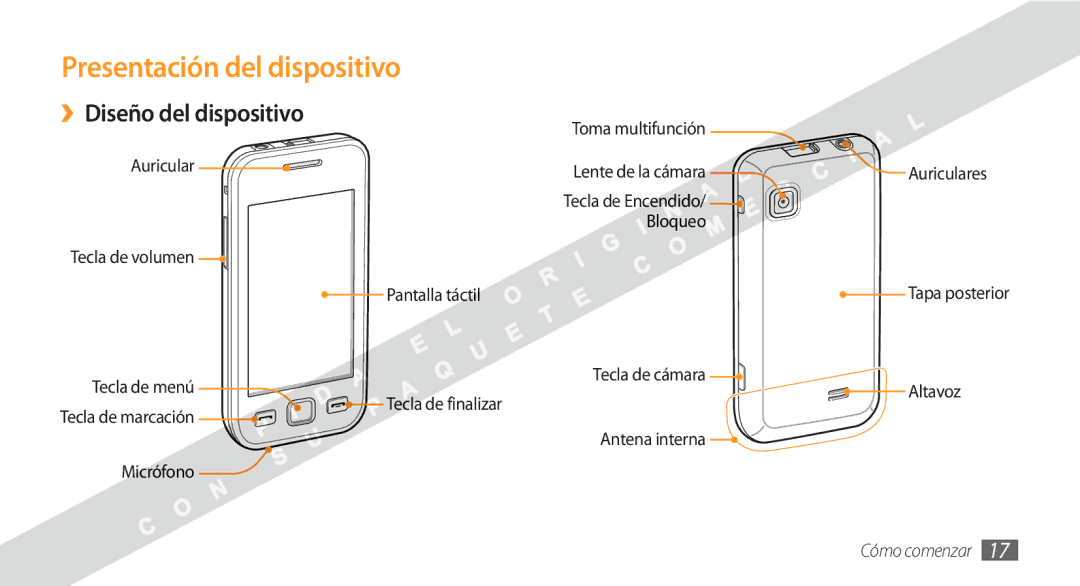 Samsung GT-S5250HKAFOP manual Presentación del dispositivo, ››Diseño del dispositivo, Cómo comenzar 