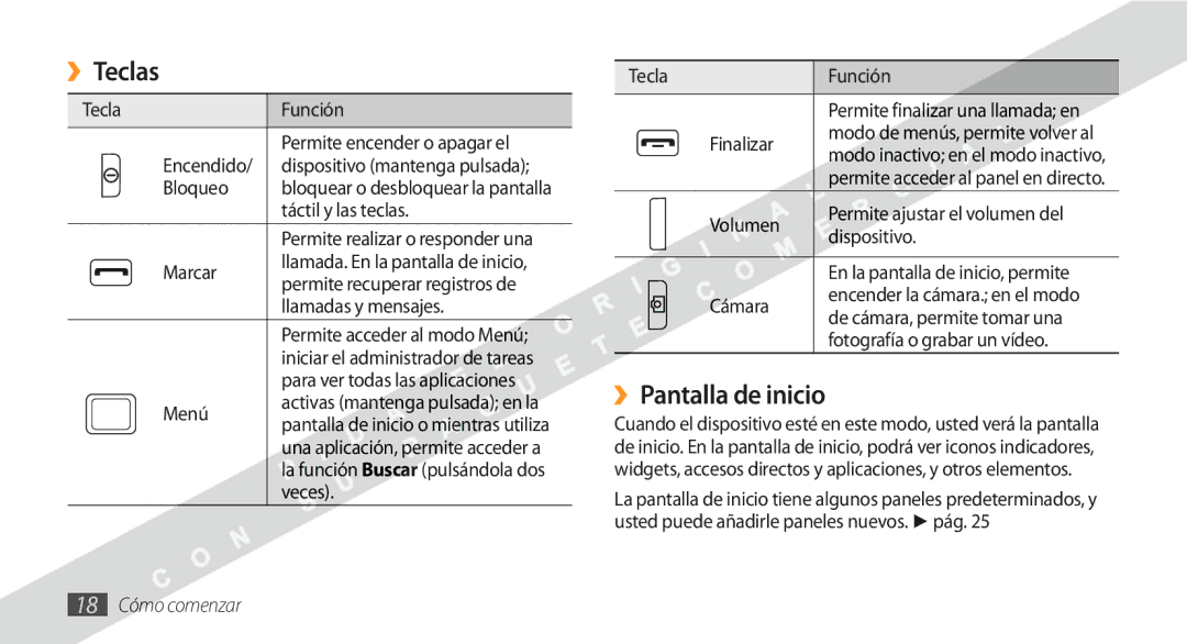 Samsung GT-S5250HKAFOP manual ››Teclas, ››Pantalla de inicio, 18 Cómo comenzar 