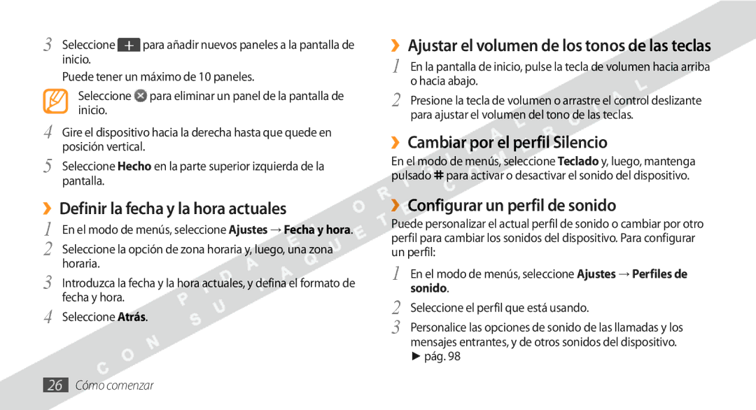 Samsung GT-S5250HKAFOP manual ››Definir la fecha y la hora actuales, ››Cambiar por el perfil Silencio, 26 Cómo comenzar 