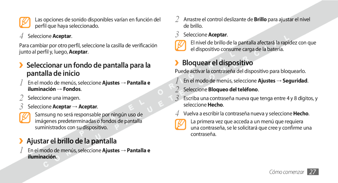 Samsung GT-S5250HKAFOP manual ››Ajustar el brillo de la pantalla, ››Bloquear el dispositivo, Seleccione una imagen 