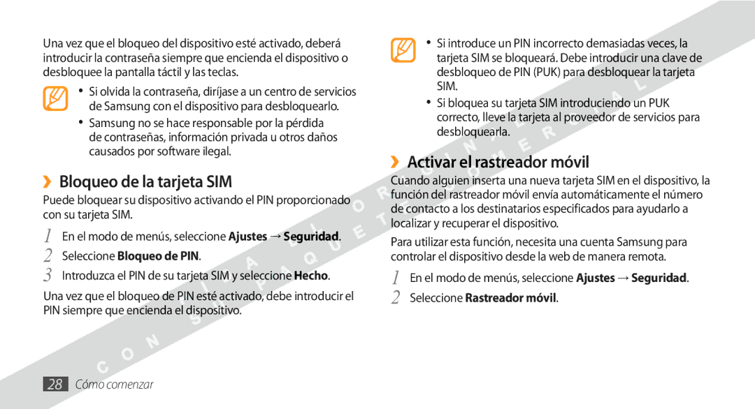 Samsung GT-S5250HKAFOP manual ››Bloqueo de la tarjeta SIM, ››Activar el rastreador móvil, 28 Cómo comenzar 