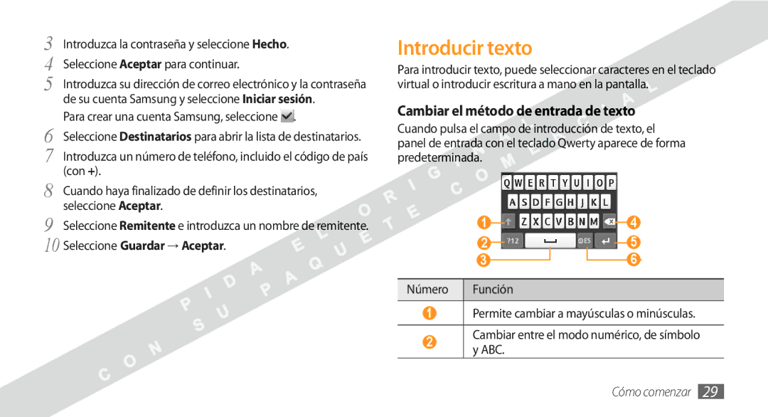 Samsung GT-S5250HKAFOP Introducir texto, Cambiar el método de entrada de texto, Para crear una cuenta Samsung, seleccione 