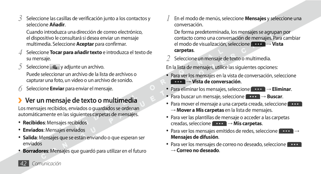 Samsung GT-S5250HKAFOP manual ››Ver un mensaje de texto o multimedia, El modo de visualización, seleccione, Carpetas 