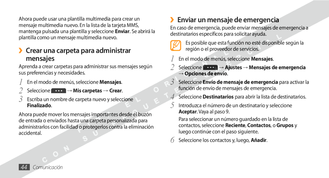 Samsung GT-S5250HKAFOP manual ››Crear una carpeta para administrar mensajes, ››Enviar un mensaje de emergencia 