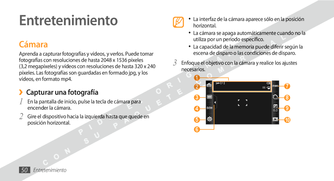 Samsung GT-S5250HKAFOP manual Entretenimiento, Cámara, ››Capturar una fotografía 