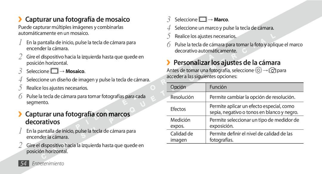 Samsung GT-S5250HKAFOP manual ››Capturar una fotografía de mosaico, ››Capturar una fotografía con marcos decorativos 