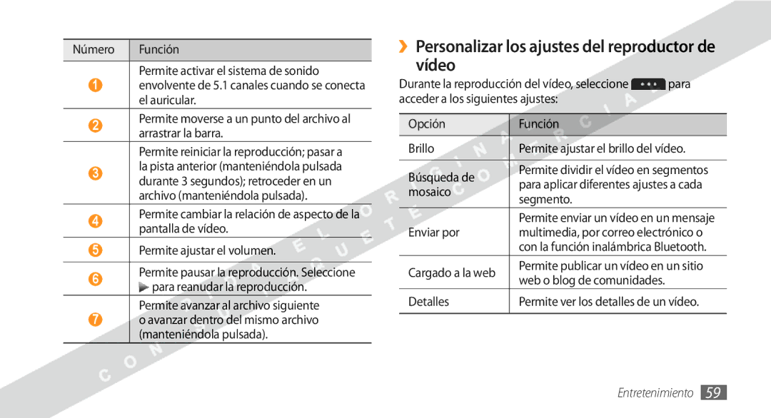 Samsung GT-S5250HKAFOP manual ››Personalizar los ajustes del reproductor de vídeo 