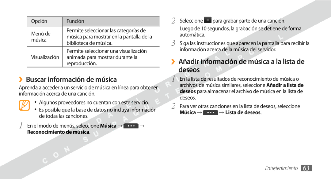 Samsung GT-S5250HKAFOP manual ››Buscar información de música, ››Añadir información de música a la lista de deseos 