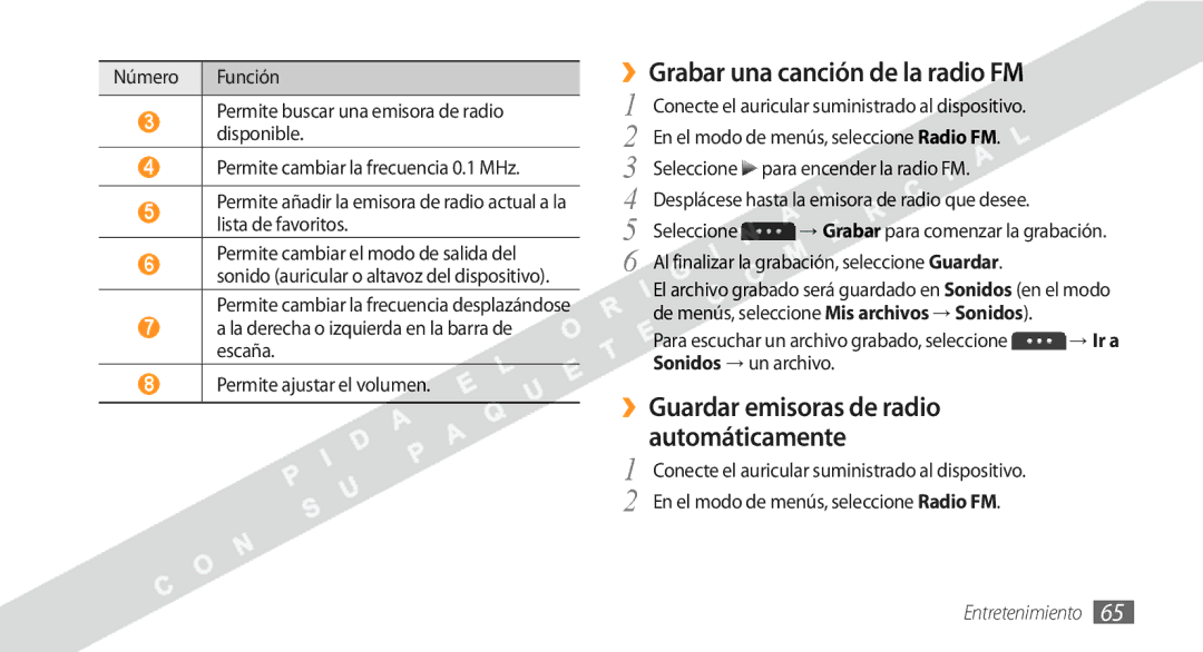 Samsung GT-S5250HKAFOP manual ››Grabar una canción de la radio FM, ››Guardar emisoras de radio automáticamente 