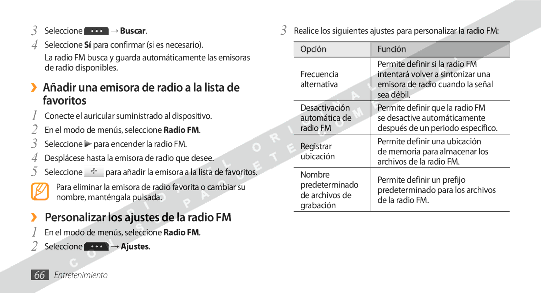 Samsung GT-S5250HKAFOP ››Añadir una emisora de radio a la lista de, ›› Personalizar los ajustes de la radio FM, → Buscar 