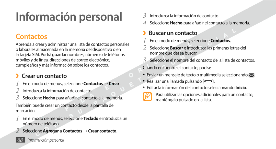 Samsung GT-S5250HKAFOP manual Contactos, ››Crear un contacto, ››Buscar un contacto, Información personal 