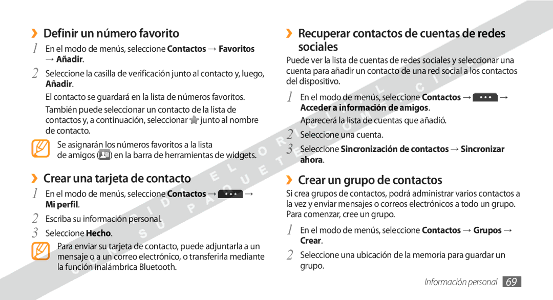 Samsung GT-S5250HKAFOP manual ››Definir un número favorito, ››Crear una tarjeta de contacto, ››Crear un grupo de contactos 