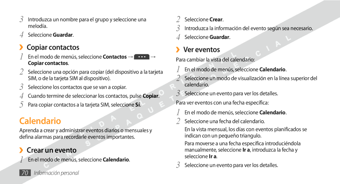 Samsung GT-S5250HKAFOP manual Calendario, ››Copiar contactos, ››Crear un evento, ››Ver eventos 