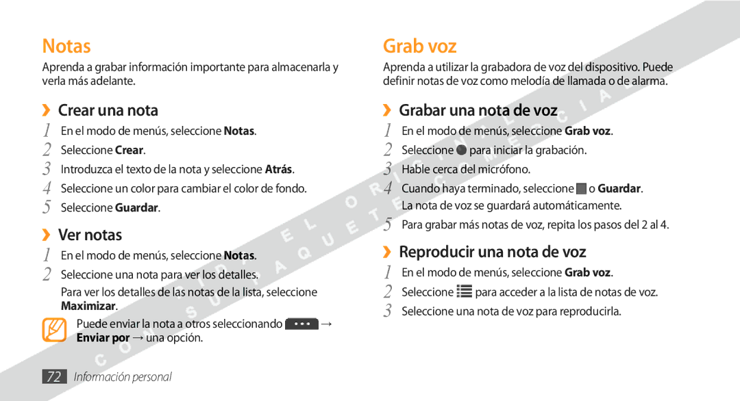 Samsung GT-S5250HKAFOP manual Notas, Grab voz 