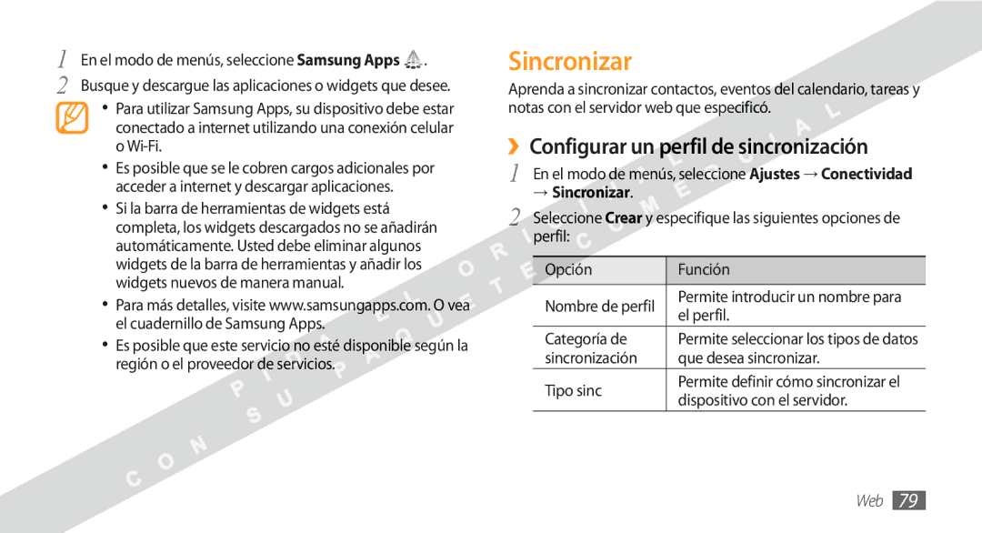 Samsung GT-S5250HKAFOP manual ››Configurar un perfil de sincronización, → Sincronizar 