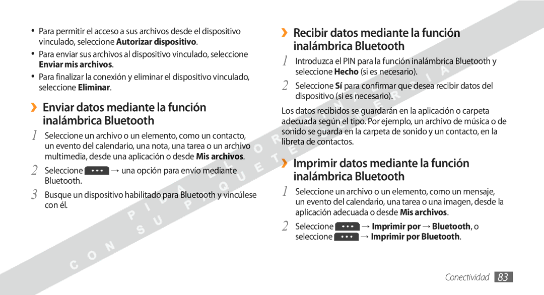 Samsung GT-S5250HKAFOP manual ››Imprimir datos mediante la función inalámbrica Bluetooth 