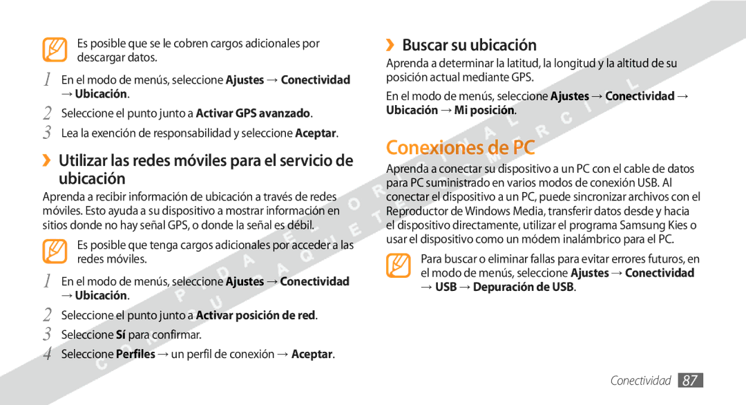 Samsung GT-S5250HKAFOP Conexiones de PC, ››Utilizar las redes móviles para el servicio de ubicación, ››Buscar su ubicación 