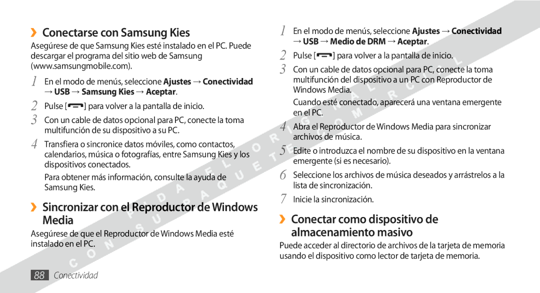 Samsung GT-S5250HKAFOP manual ››Conectarse con Samsung Kies, Media, ››Sincronizar con el Reproductor de Windows 