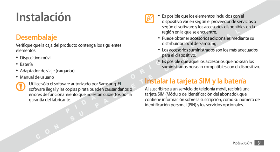 Samsung GT-S5250HKAFOP manual Instalación, Desembalaje, Instalar la tarjeta SIM y la batería 