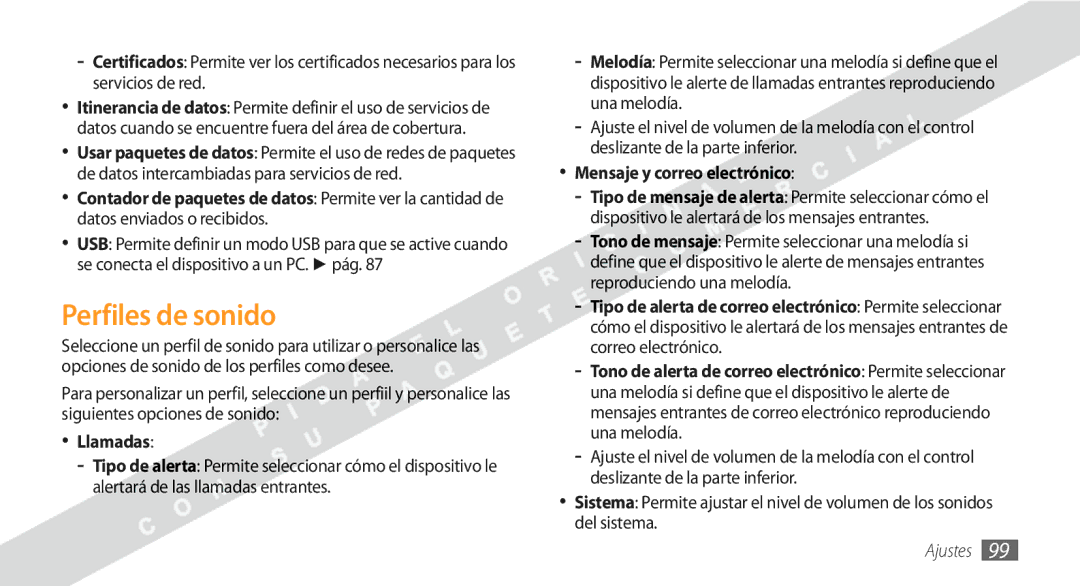 Samsung GT-S5250HKAFOP manual Perfiles de sonido, Llamadas, Mensaje y correo electrónico 