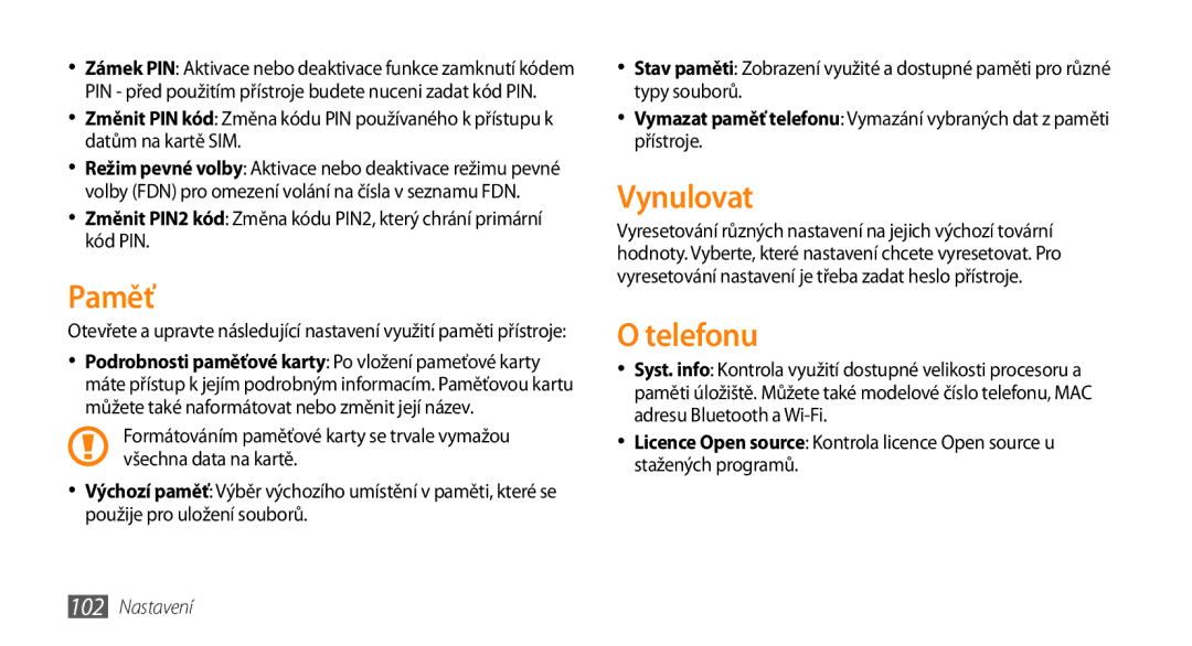 Samsung GT-S5250PWFIRD, GT-S5250PWAIRD, GT-S5250HKAXEZ, GT-S5250PWAXEZ, GT-S5250PWFXEZ manual Paměť, Vynulovat, Telefonu 