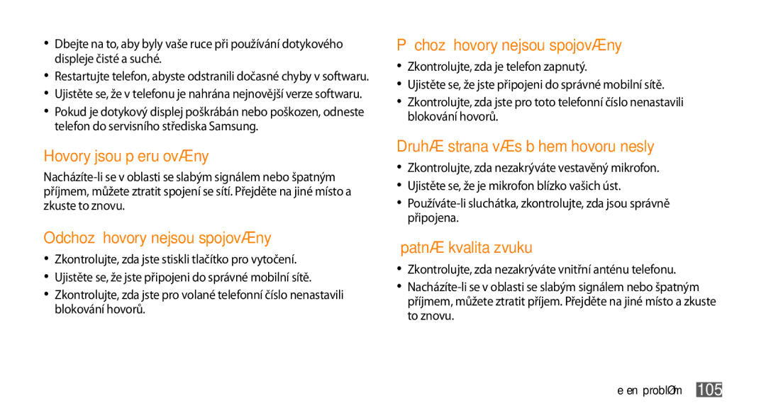 Samsung GT-S5250PWAIRD, GT-S5250HKAXEZ, GT-S5250PWAXEZ, GT-S5250PWFXEZ manual Hovory jsou přerušovány, Řešení problémů 